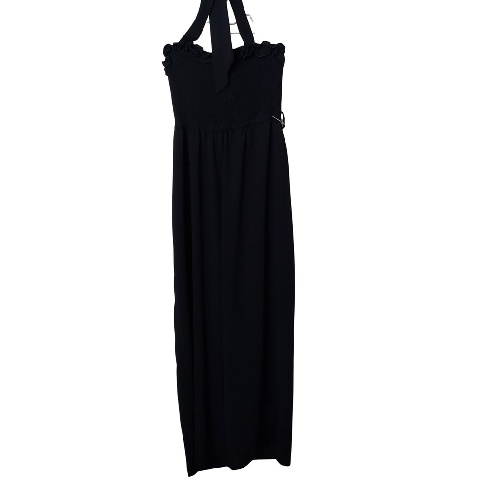 Black Smocked Halter Jumpsuit Wide Leg Ruffle Trim Sleeveless Med Dark Romantic